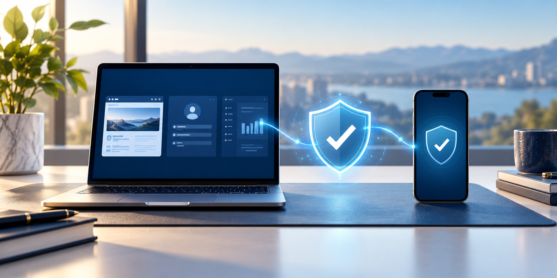 Autenticazione a due fattori e sicurezza degli accessi Computer e smartphone collegati da uno scudo per rappresentare l’autenticazione a due fattori
